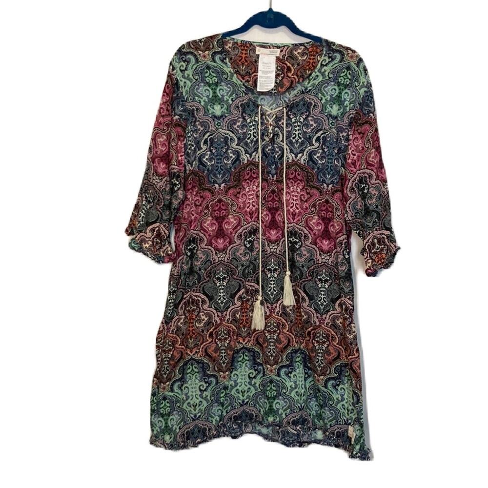 Odd Molly Patterned Ruffle Peasant Colorful Tunic Dress Size 3/4